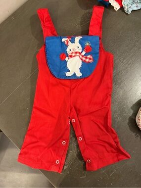 Vintage 1980s Red Bunny Appliqué Overalls for Kids